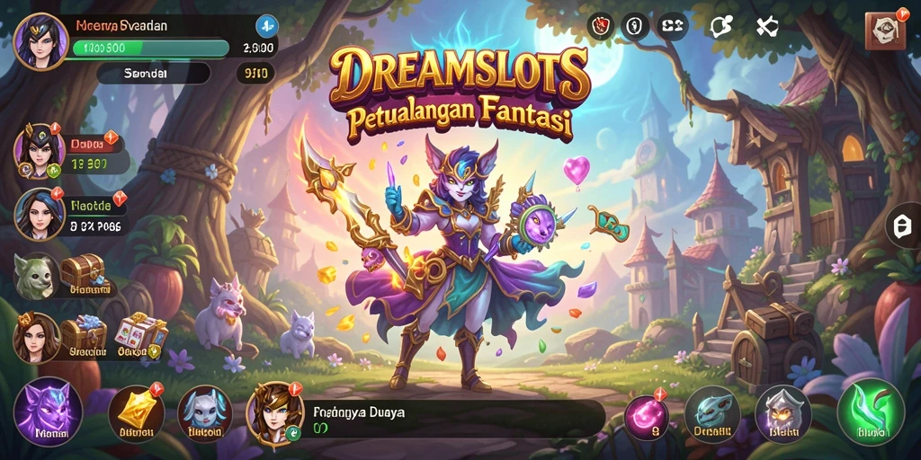 Screenshot DREAMSLOTS menampilkan karakter beraksi dalam pertempuran epik RPG.