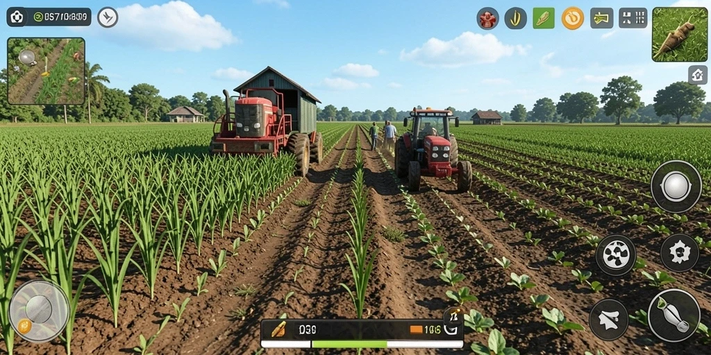 Screenshot gameplay EOS77 menampilkan lahan pertanian yang subur dengan aktivitas yang ramai.