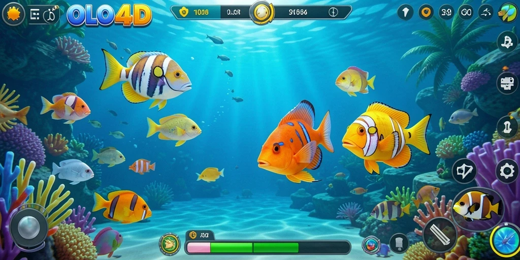 Gameplay seru OLLO4D dengan berbagai ikan menanti untuk ditangkap.